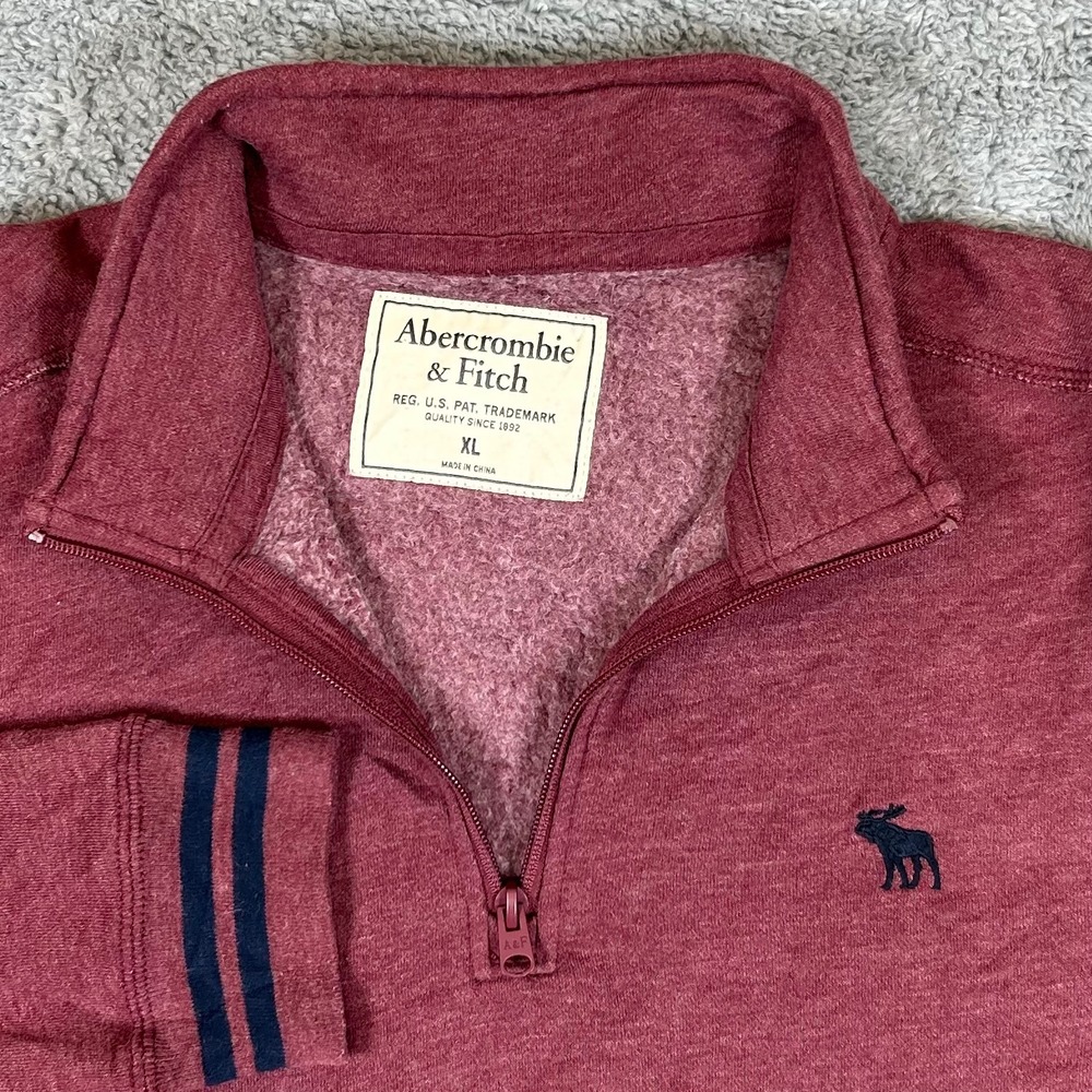 Abercrombie & Fitch Mens XL Quarter Zip Sweatshirt Maroon Heathered Moose Logo
